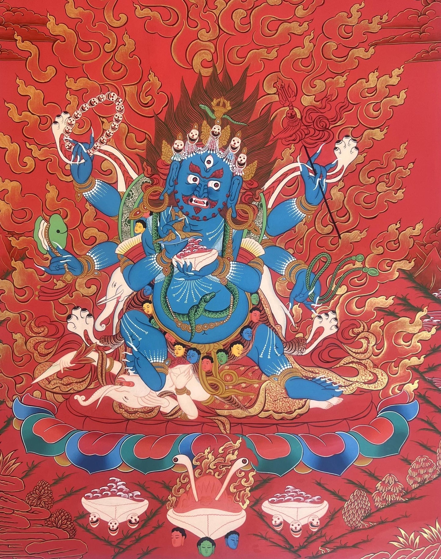 Six Armed Mahakala Tibetan Thangka Painting – Hand-Painted Buddhist Art – Protector Deity Large Masterpiece