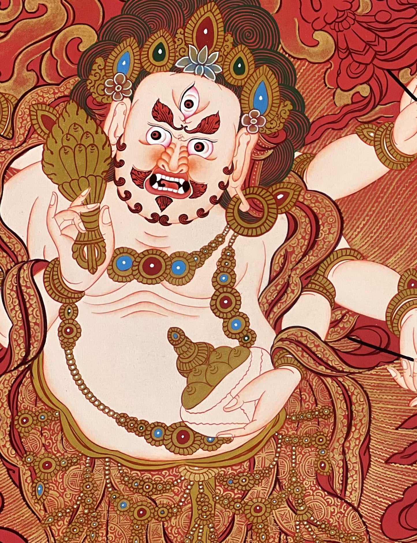 Six Armed White Mahakala Tibetan Thangka Painting | Hand-Painted Buddhist Art | Himalayan Protector Deity