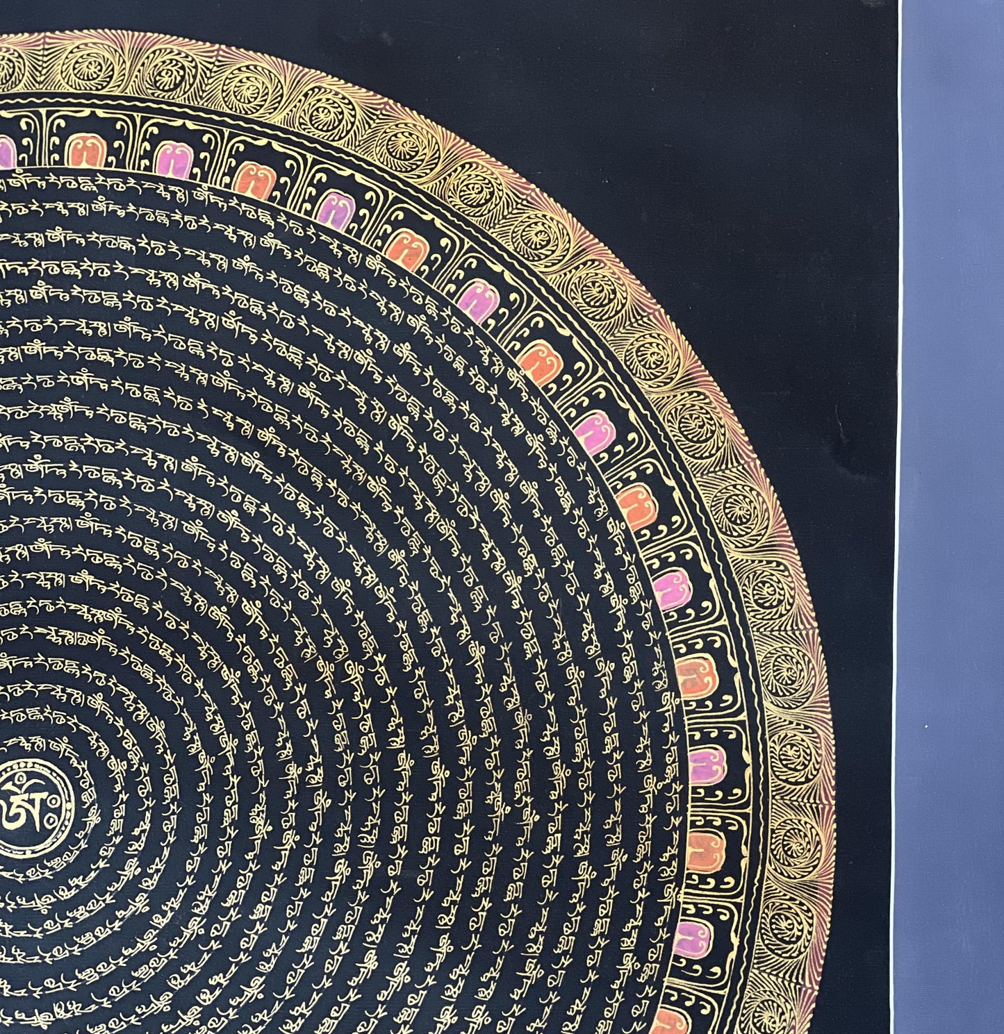 Green Tara Mantra Mandala with Om in Center - Black and Gold Tibetan Thangka Painting