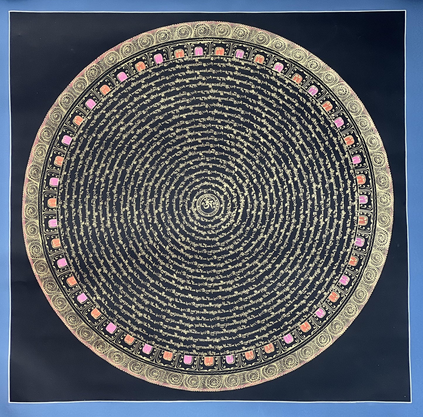 Jambhala Mantra Mandala Central with Om in Center - Black and Gold Tibetan Thangka Painting