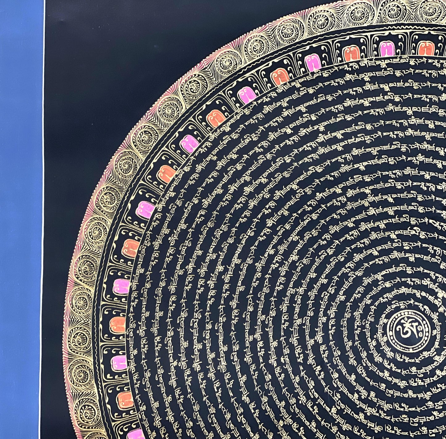 Jambhala Mantra Mandala Central with Om in Center - Black and Gold Tibetan Thangka Painting
