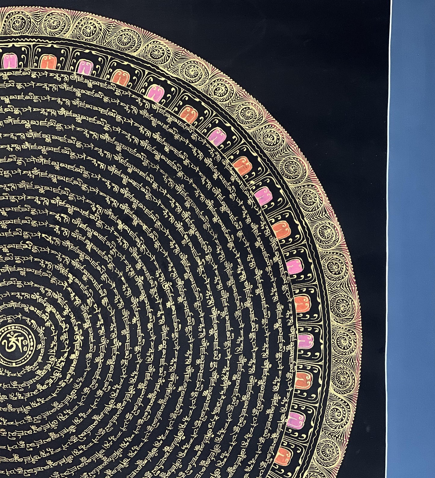 Jambhala Mantra Mandala Central with Om in Center - Black and Gold Tibetan Thangka Painting