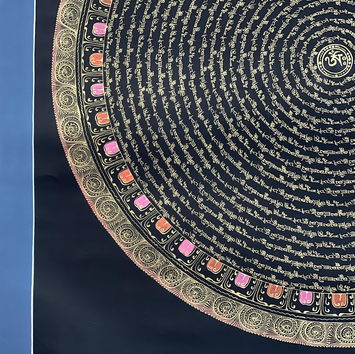 Jambhala Mantra Mandala Central with Om in Center - Black and Gold Tibetan Thangka Painting