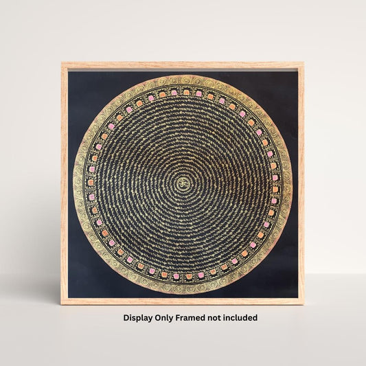 Green Tara Mantra Mandala with Om in Center - Black and Gold Tibetan Thangka Painting