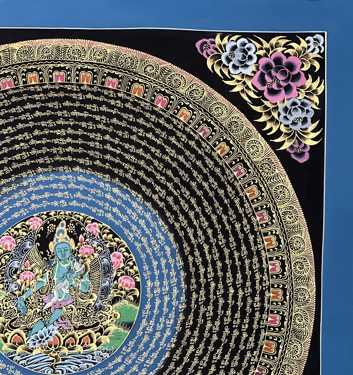 Green Tara Mantra Mandala with the Diety in the Center – Black and Gold Tibetan Thangka Painting