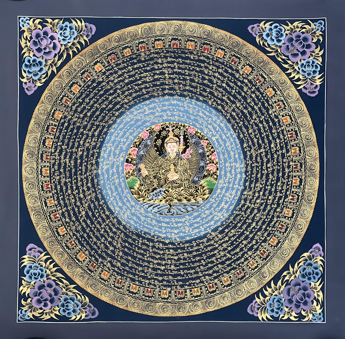 Guru Padmasambhava Mantra Mandala with Guru in Center - Black and Gold Tibetan Thangka Painting