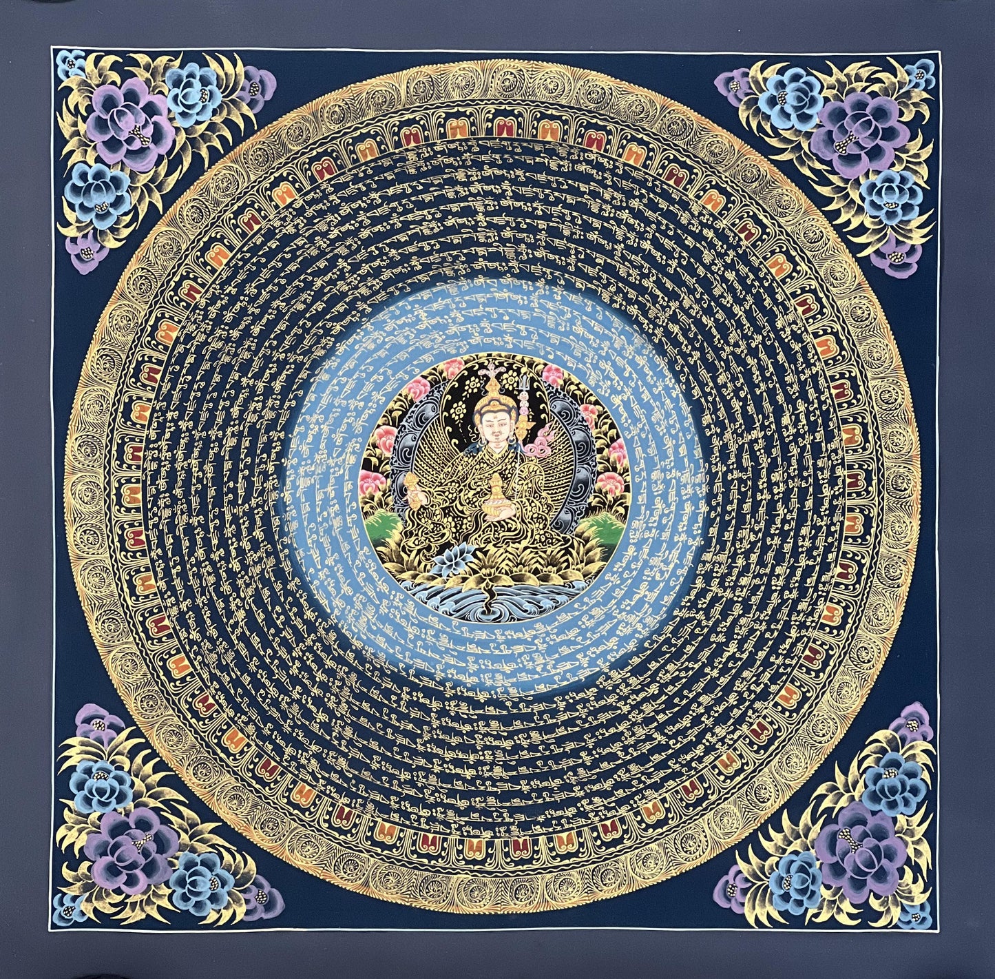 Hand-Painted Guru Padmasambhava Mantra Mandala – Black Gold Tibetan Thangka Silk Frame