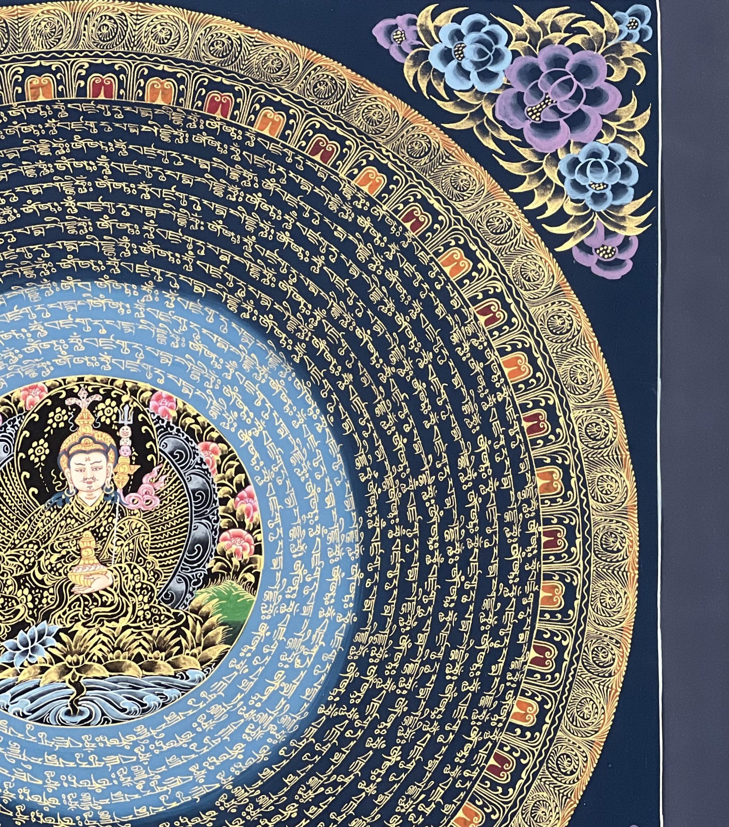 Guru Padmasambhava Mantra Mandala with Guru in Center - Black and Gold Tibetan Thangka Painting
