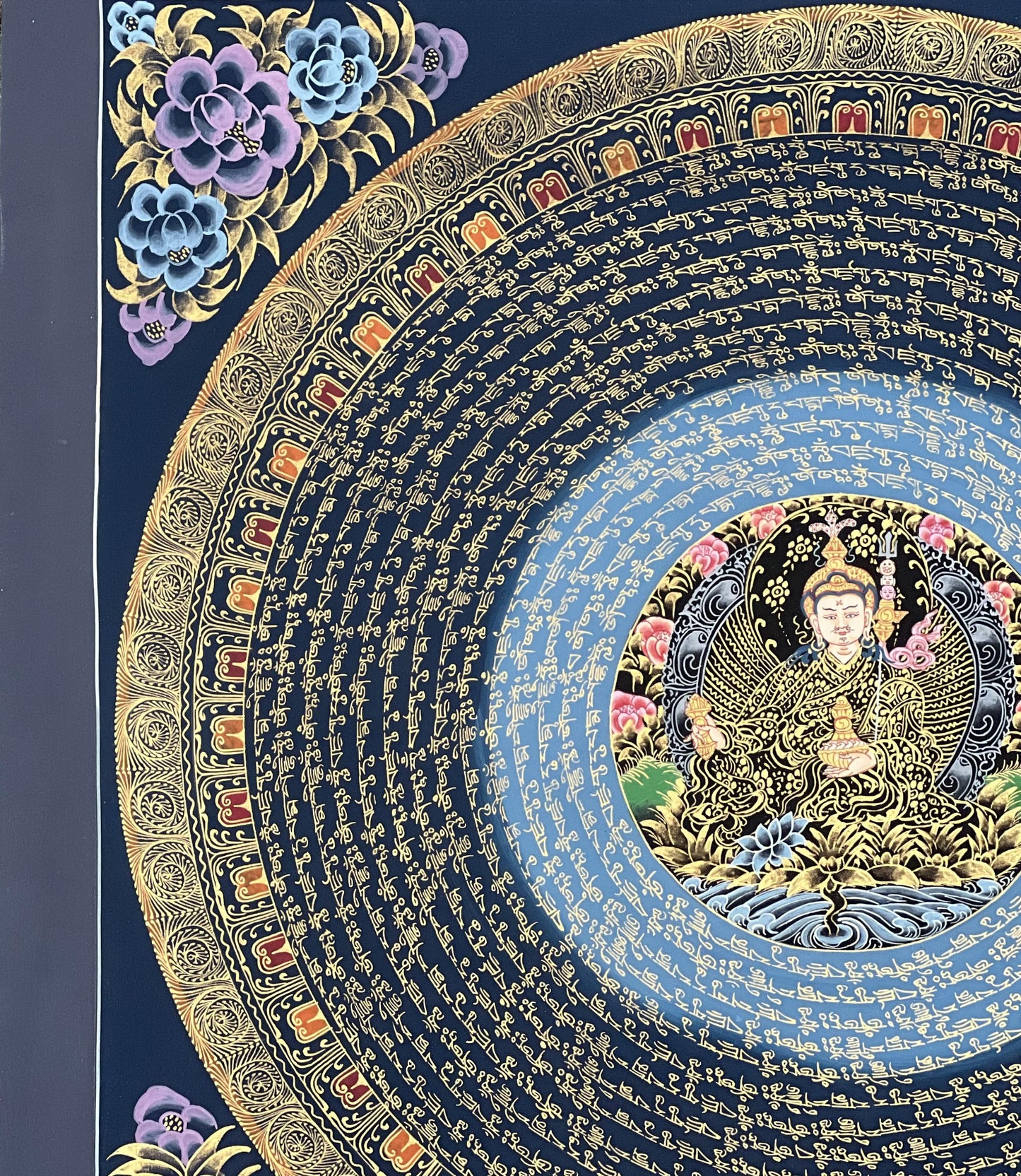 Guru Padmasambhava Mantra Mandala with Guru in Center - Black and Gold Tibetan Thangka Painting