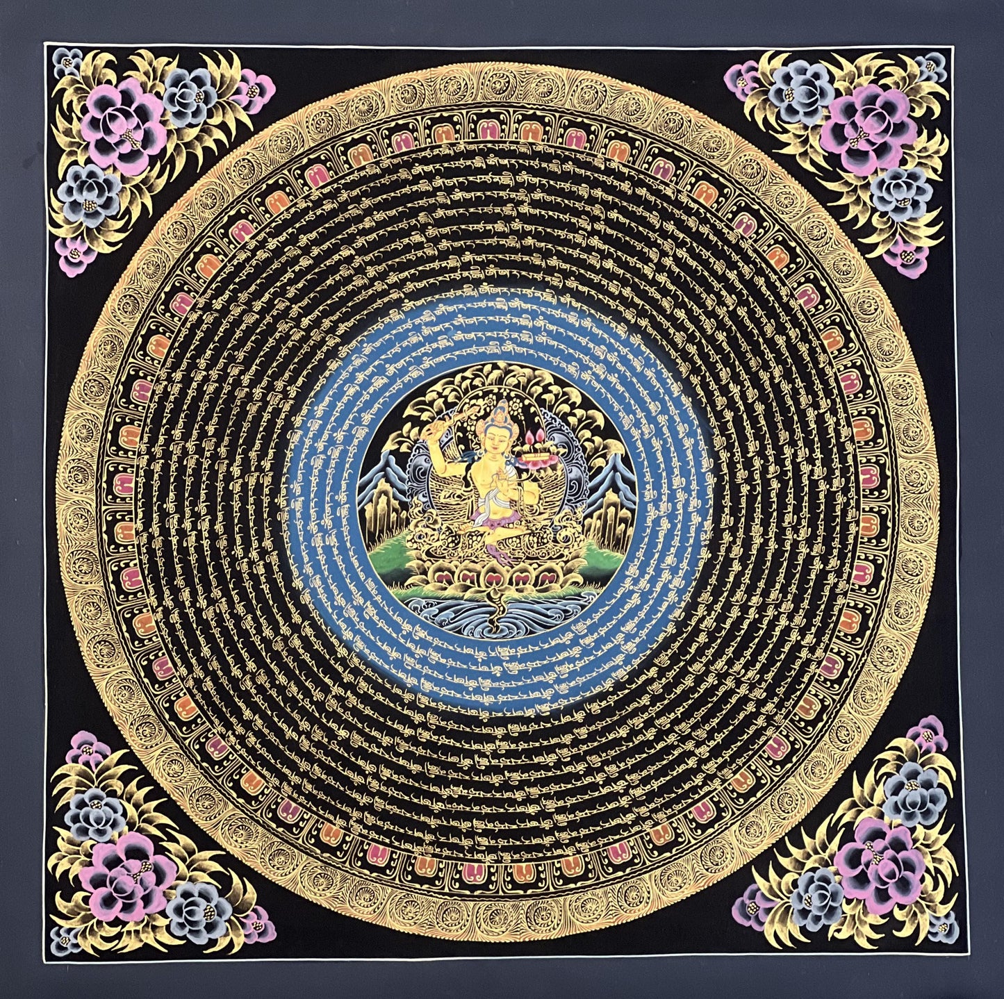 Hand-Painted Manjushri Mandala Thangka – Black and Gold Tibetan Art