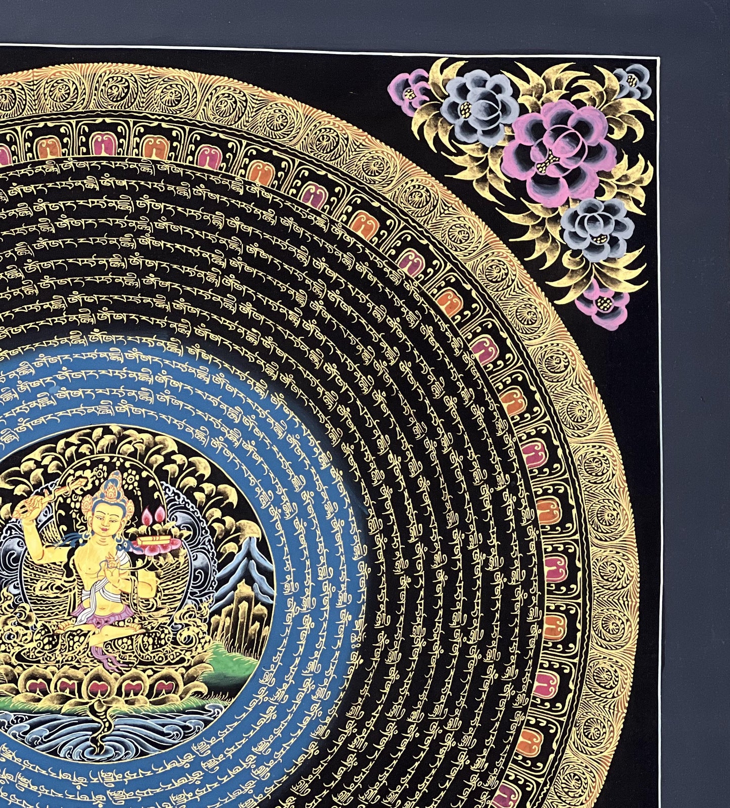 Hand-Painted Manjushri Mandala Thangka – Black and Gold Tibetan Art