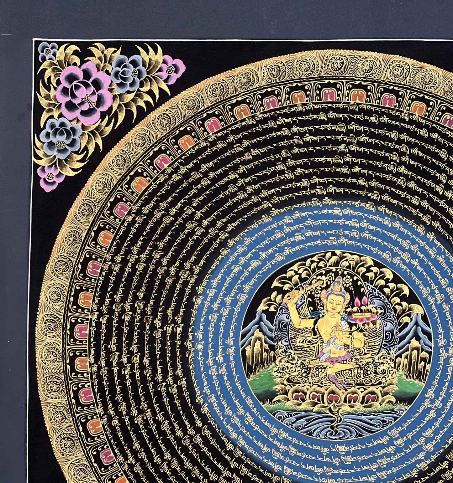 Hand-Painted Manjushri Mandala Thangka – Black and Gold Tibetan Art