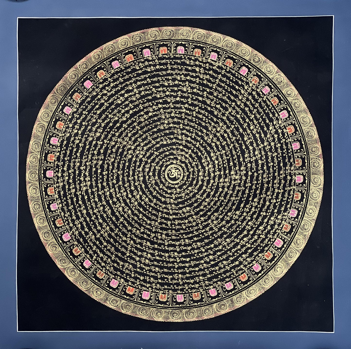 Hand-Painted Guru Padmasambhava Mandala • Black & Gold Tibetan Thangka Art