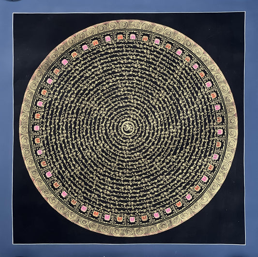 Hand-Painted Guru Padmasambhava Mandala • Black & Gold Tibetan Thangka Art