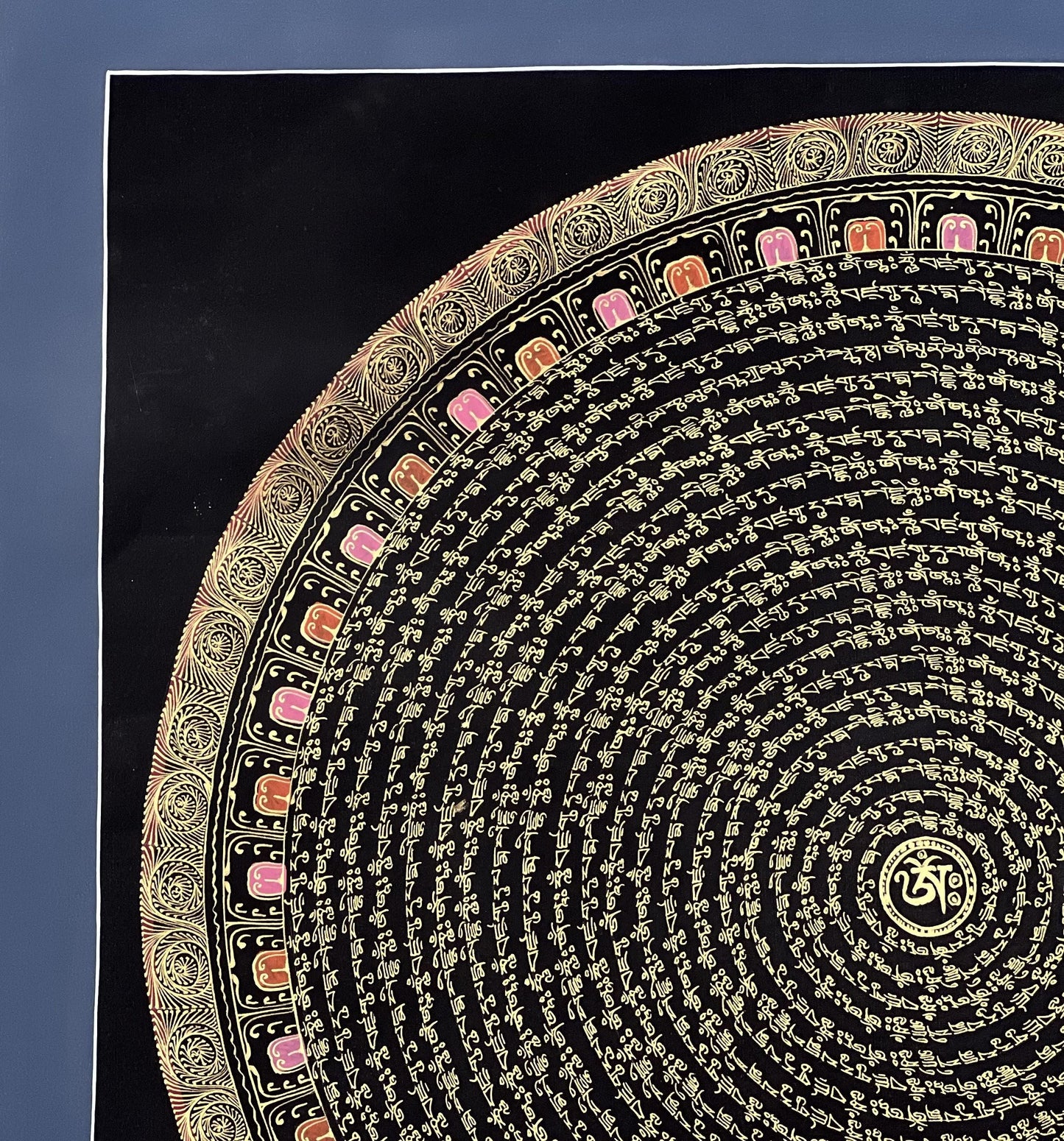 Hand-Painted Guru Padmasambhava Mandala • Black & Gold Tibetan Thangka Art