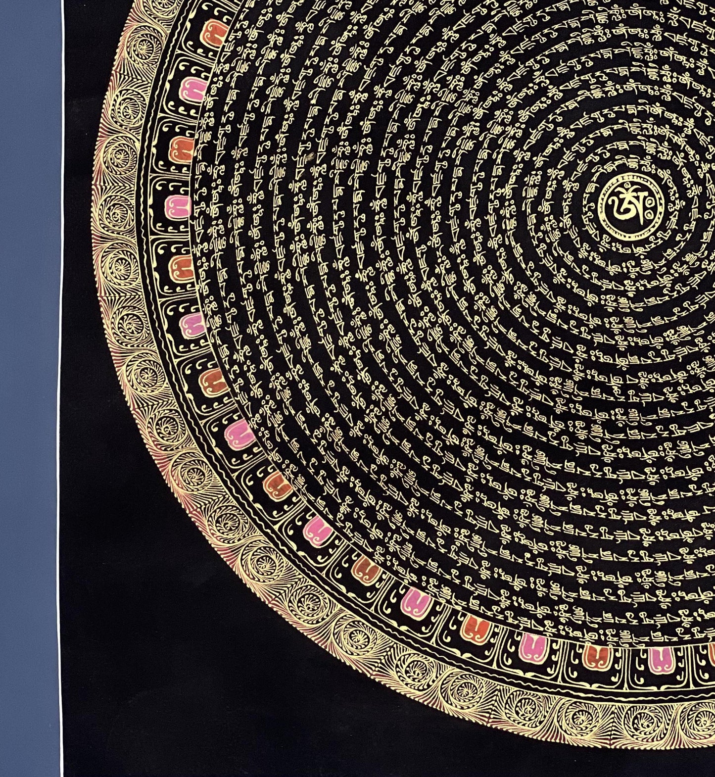 Hand-Painted Guru Padmasambhava Mandala • Black & Gold Tibetan Thangka Art
