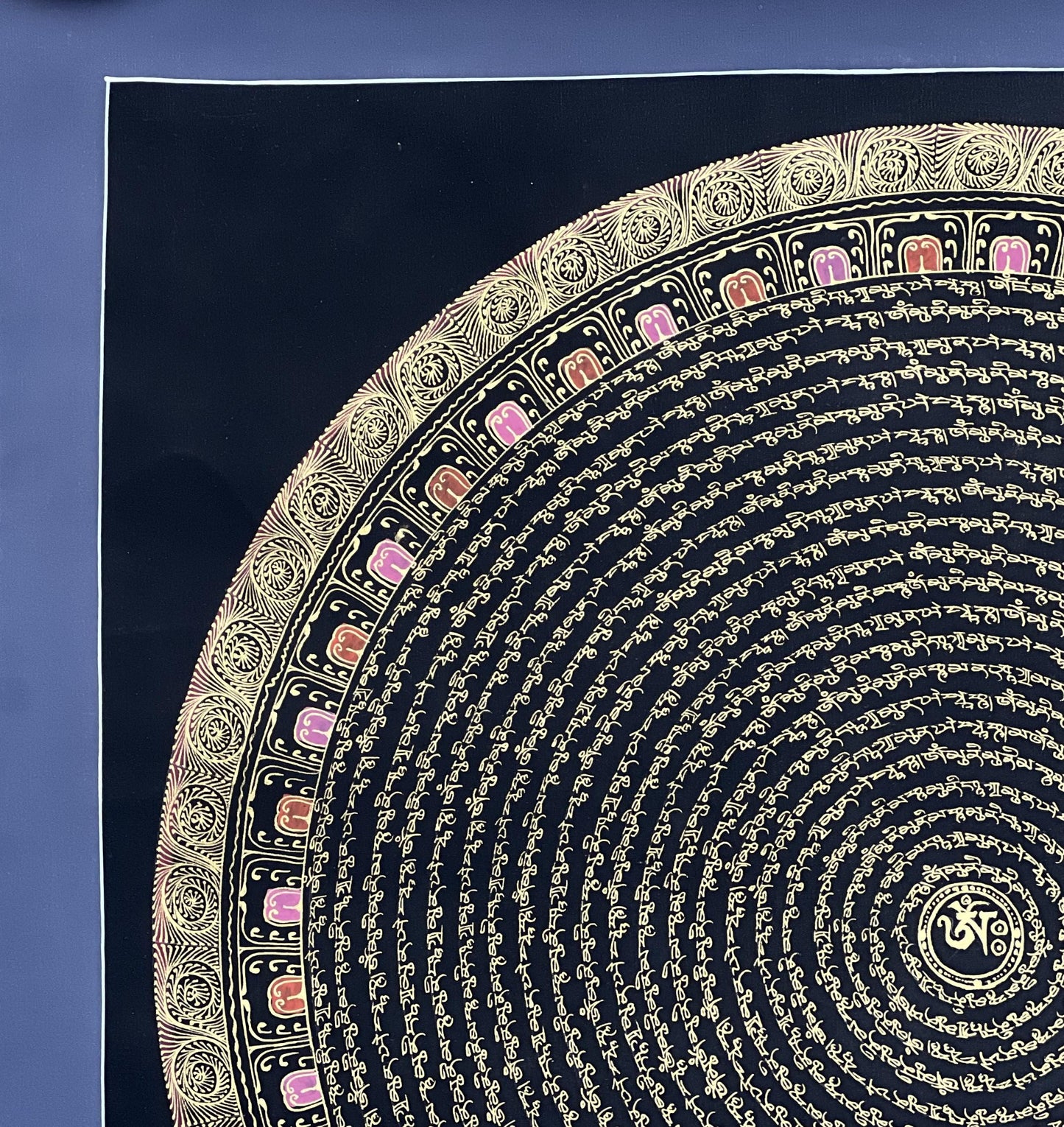 Shakyamuni Buddha Mantra Mandala with Om Center • Black Gold Tibetan Thangka • Hand-Painted Buddhist Art
