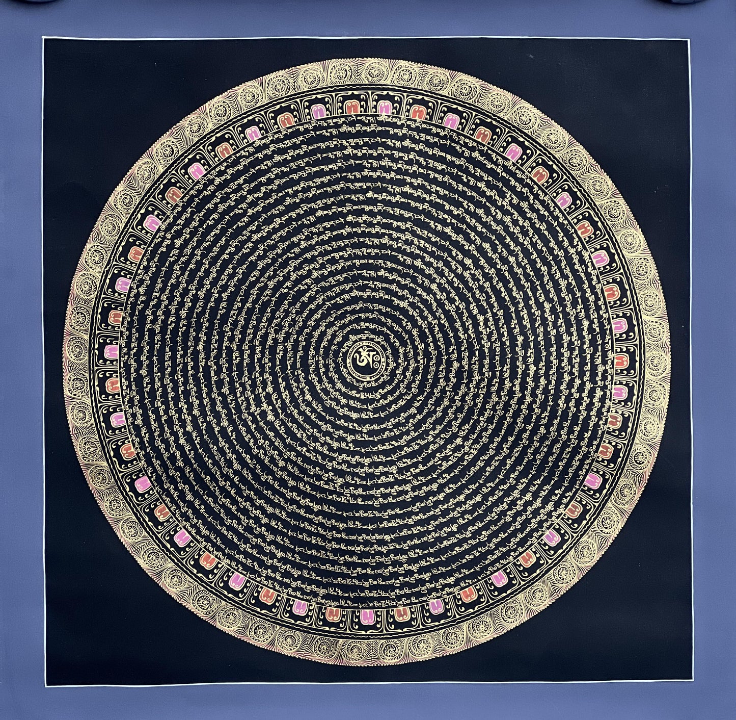Shakyamuni Buddha Mantra Mandala with Om Center • Black Gold Tibetan Thangka • Hand-Painted Buddhist Art