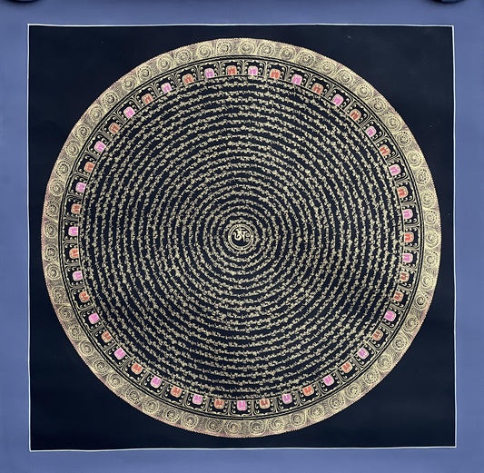 Shakyamuni Buddha Mantra Mandala with Om Center • Black Gold Tibetan Thangka • Hand-Painted Buddhist Art