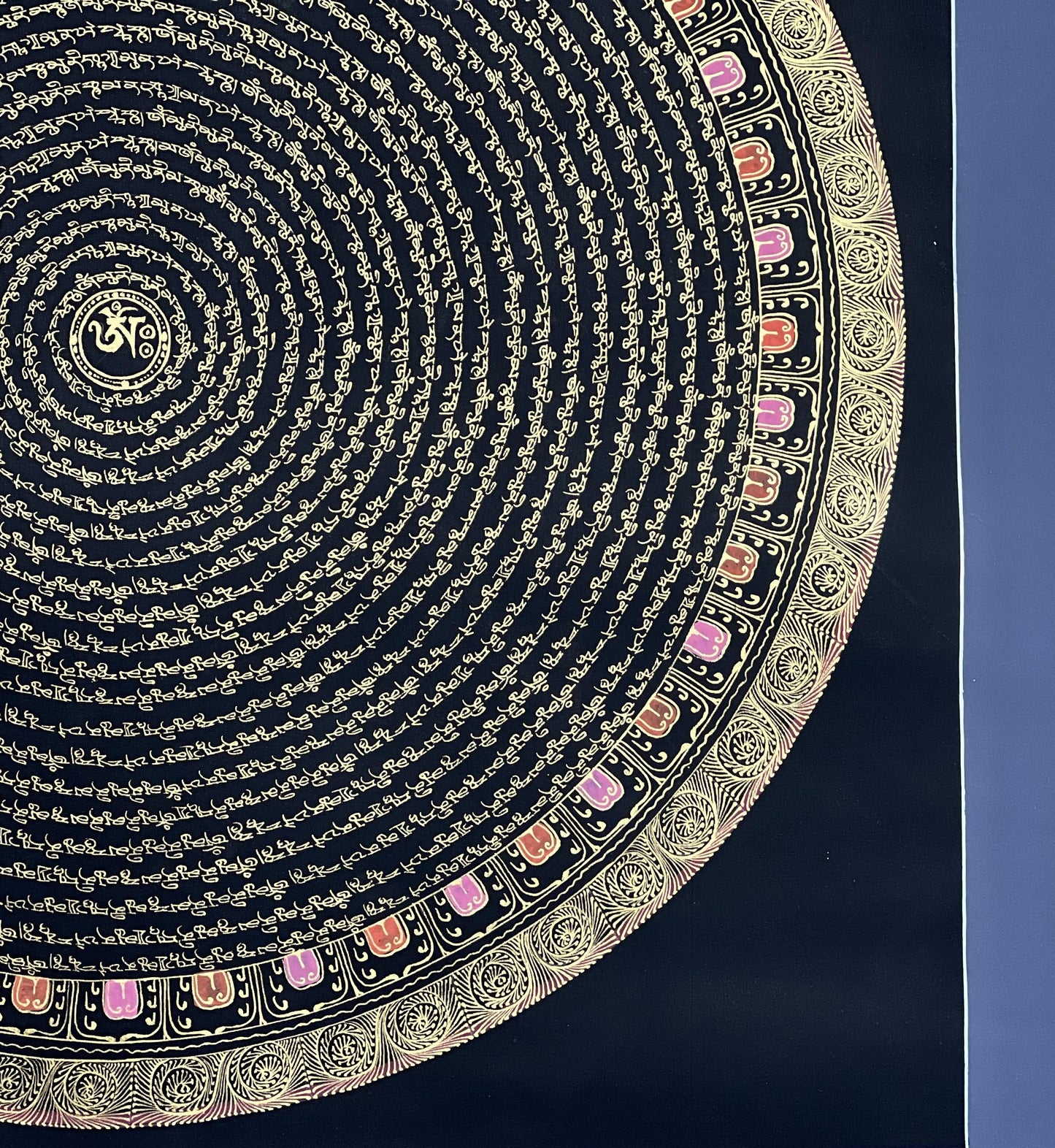 Shakyamuni Buddha Mantra Mandala with Om Center • Black Gold Tibetan Thangka • Hand-Painted Buddhist Art