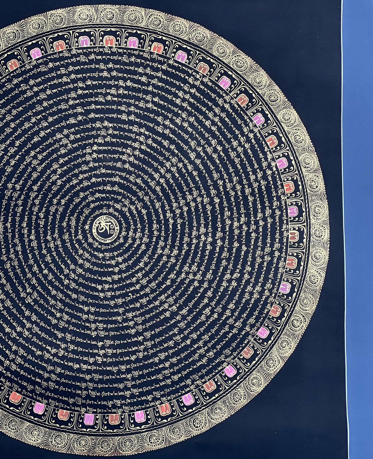 Manjushri Mantra Mandala with Om Center • Black Gold Tibetan Thangka • Wisdom Buddha Art