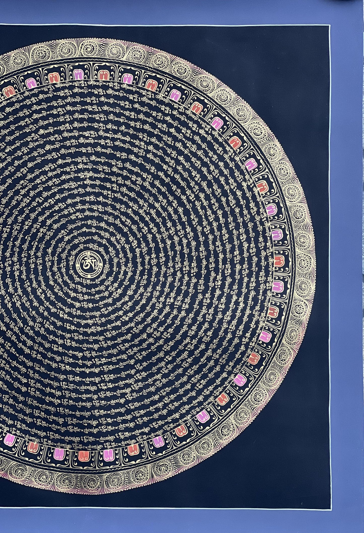 Chenrezig Mantra Mandala with Om in Center • Black and Gold Tibetan Thangka • Compassion Art