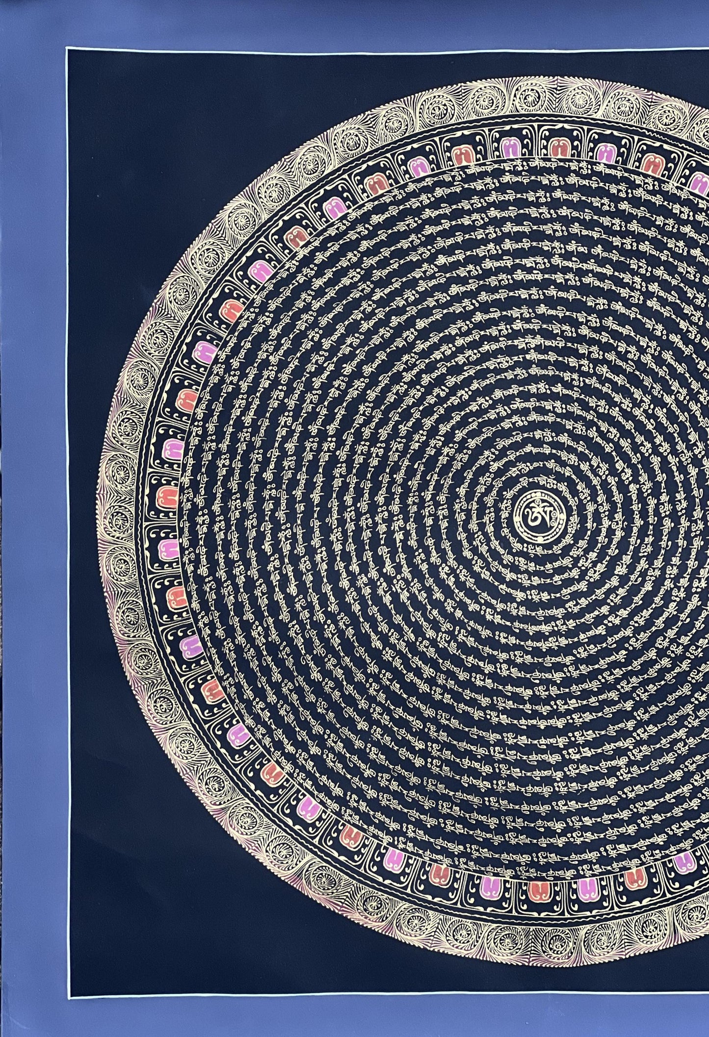 Chenrezig Mantra Mandala with Om in Center • Black and Gold Tibetan Thangka • Compassion Art