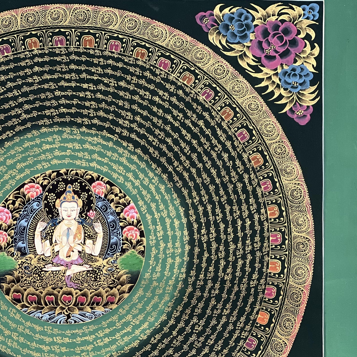 Original Hand-Painted Chenrezig Mantra Mandala with the Diety in Center – Black and Gold Tibetan Thangka