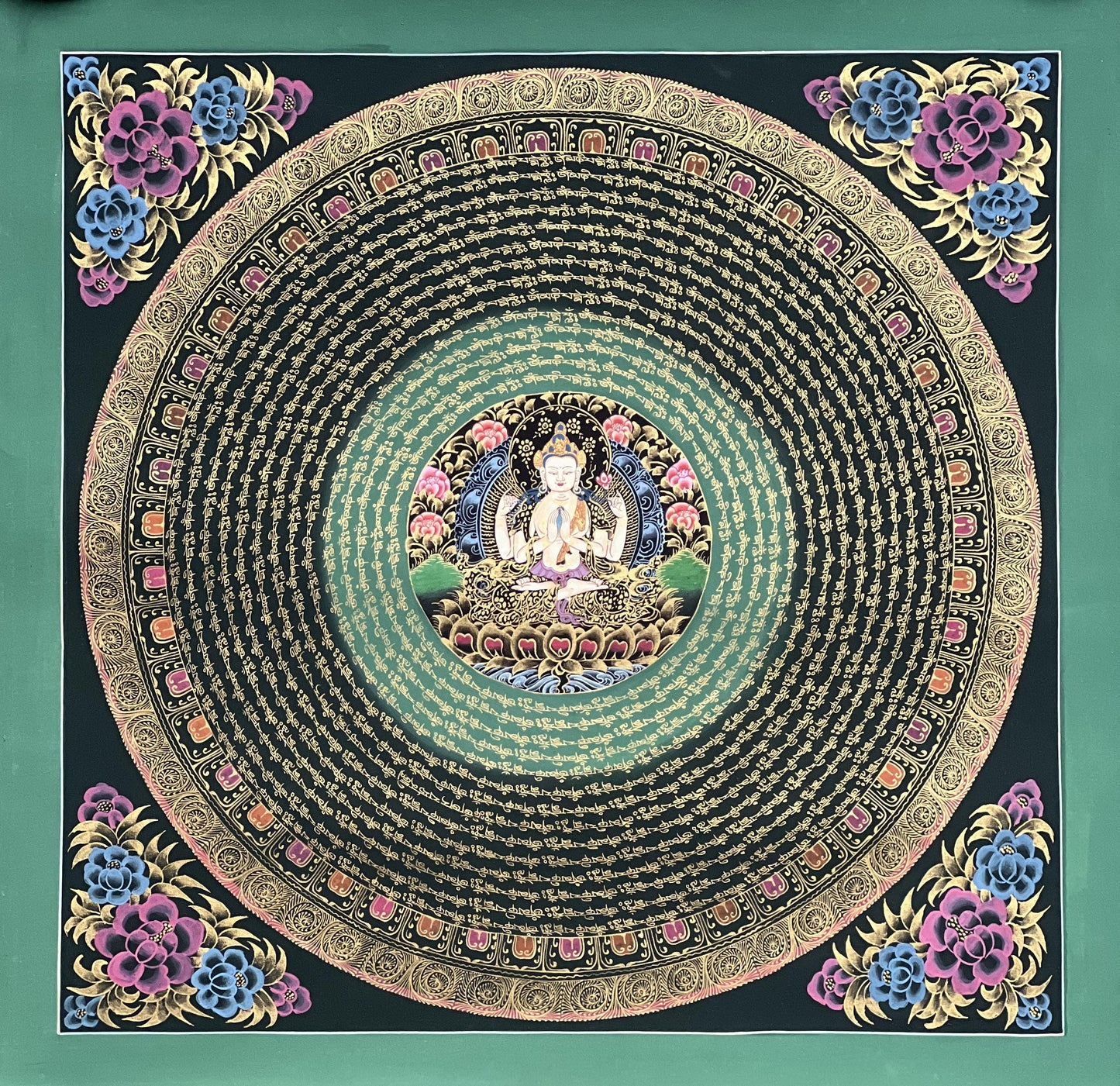 Original Hand-Painted Chenrezig Mantra Mandala with the Diety in Center – Black and Gold Tibetan Thangka