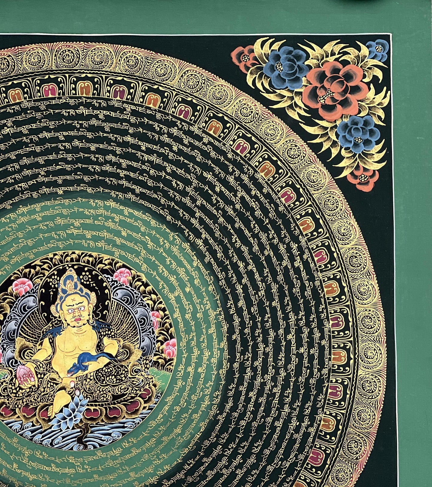 Jambhala Mantra Mandala  Tibetan Thangka | Hand-Painted Wealth Deity Art | Wall Decor for Abundance