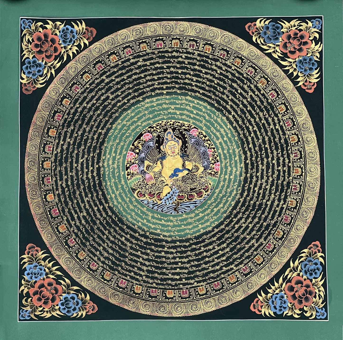 Jambhala Mantra Mandala  Tibetan Thangka | Hand-Painted Wealth Deity Art | Wall Decor for Abundance