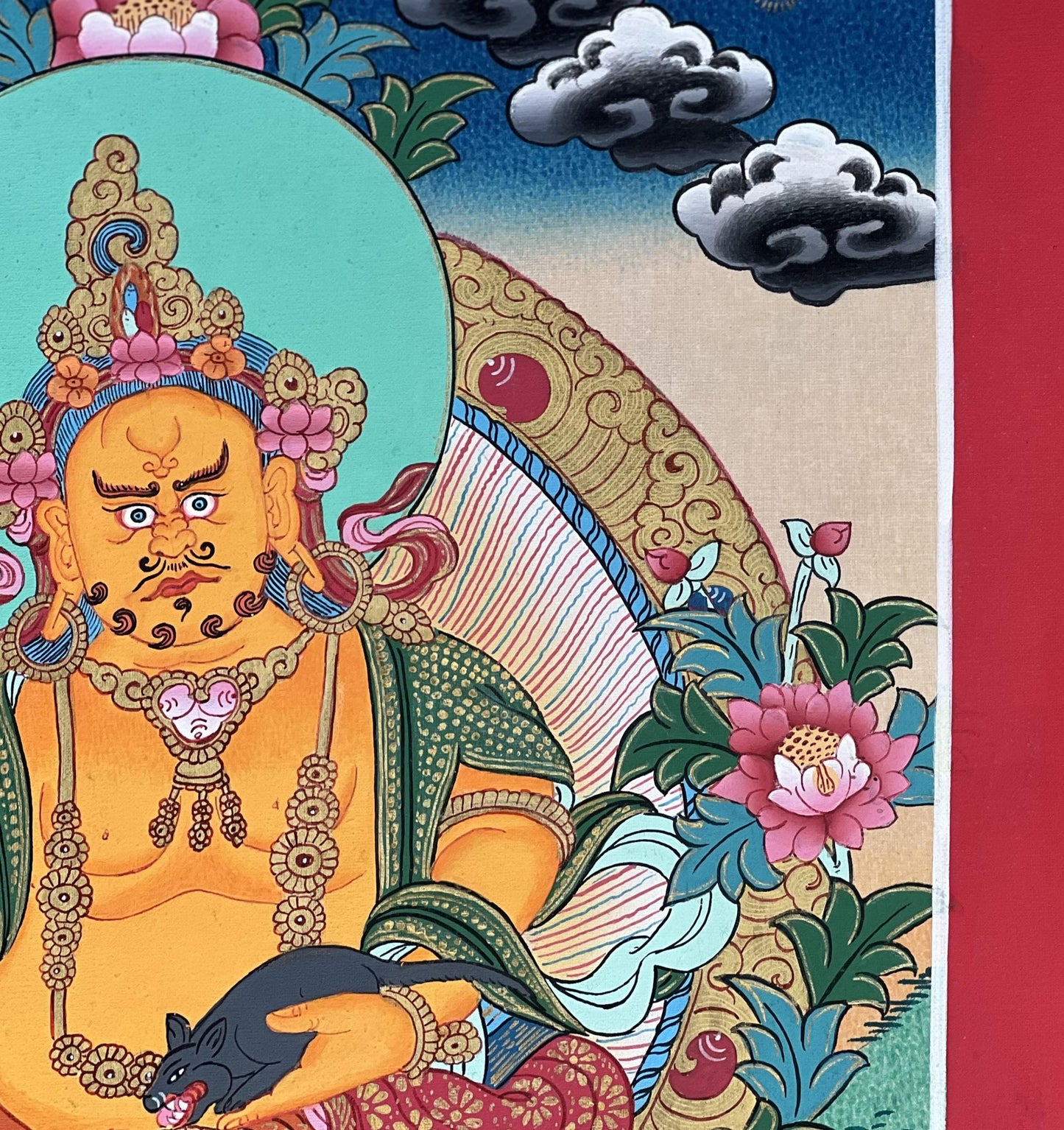 Yellow Jambhala Thangka Painting | Kubera Tibetan Art | Wealth Deity Masterpiece | Spiritual Decor