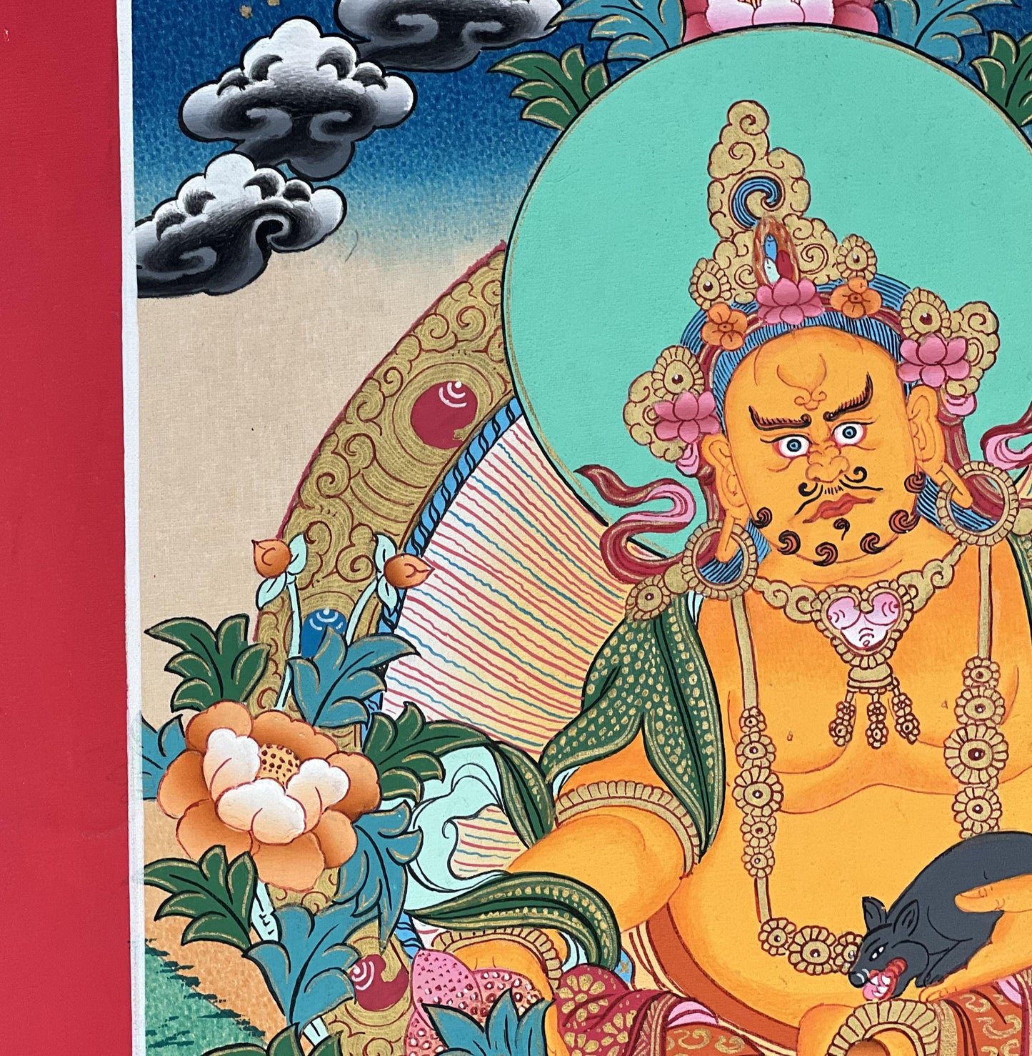 Yellow Jambhala Thangka Painting | Kubera Tibetan Art | Wealth Deity Masterpiece | Spiritual Decor
