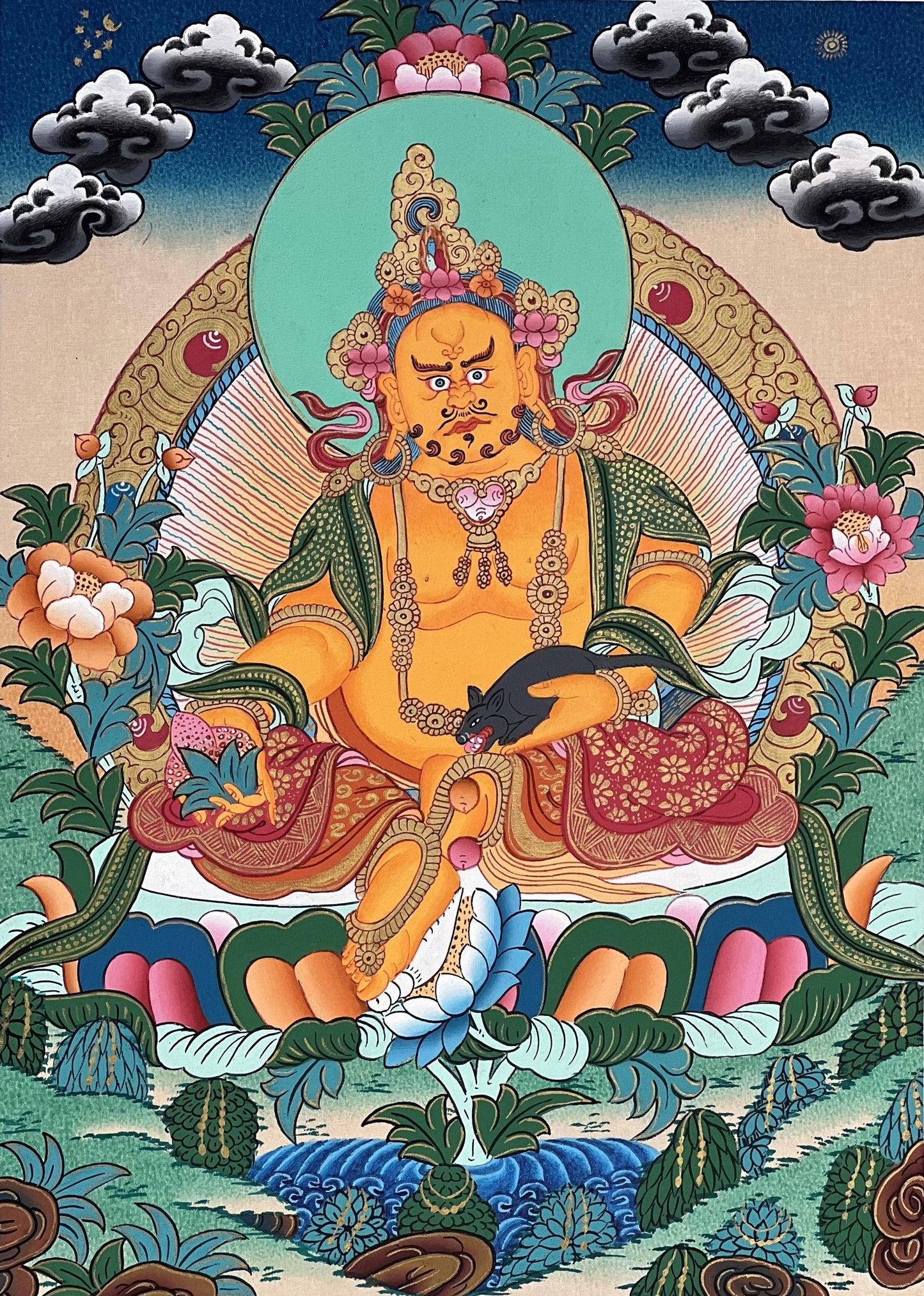 Yellow Jambhala Thangka Painting | Kubera Tibetan Art | Wealth Deity Masterpiece | Spiritual Decor