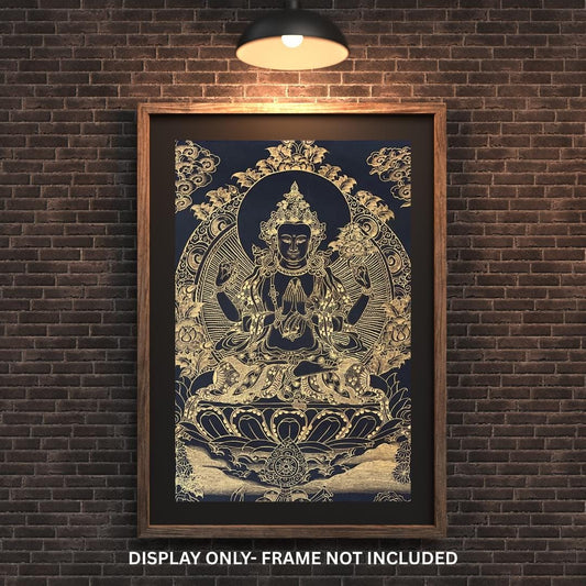 Original Hand-Painted Chenrezig (Avalokiteshvara) Black and Gold Tibetan Thangka Painting