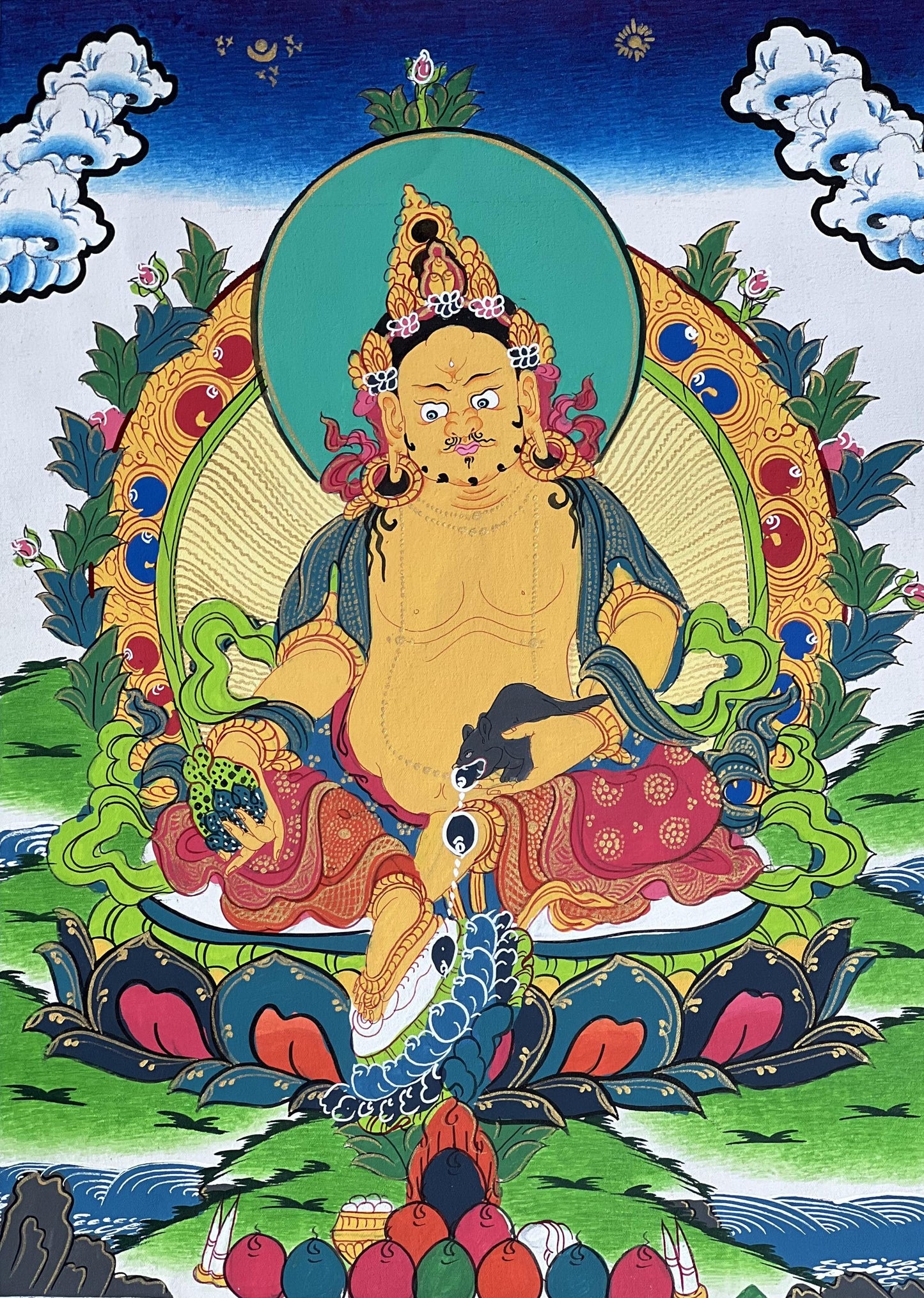Yellow Jambhala Thangka | Silk Brocade Kuber, God of Wealth