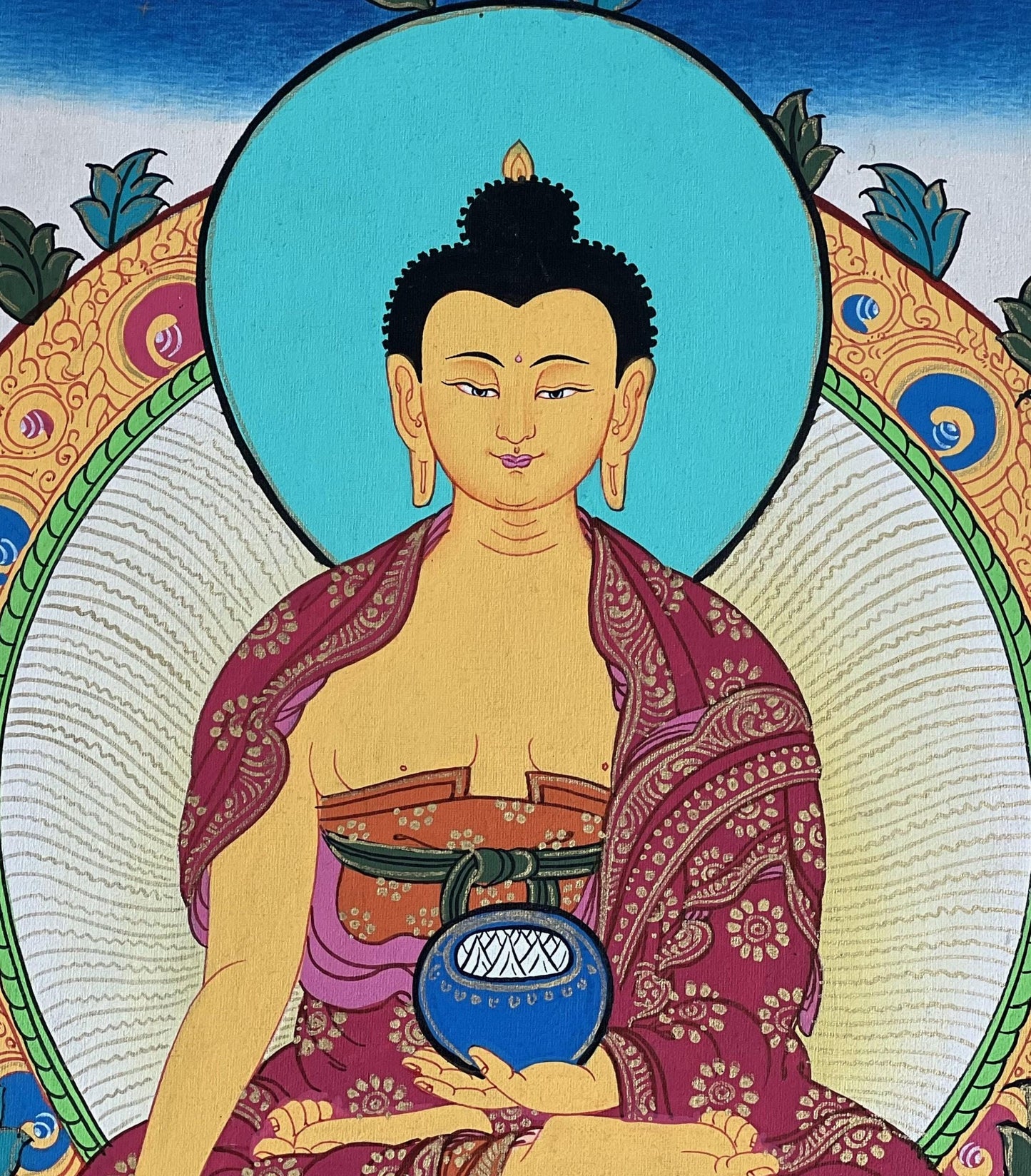 Hand-Painted Shakyamuni Buddha Thangka | Silk Brocade Frame