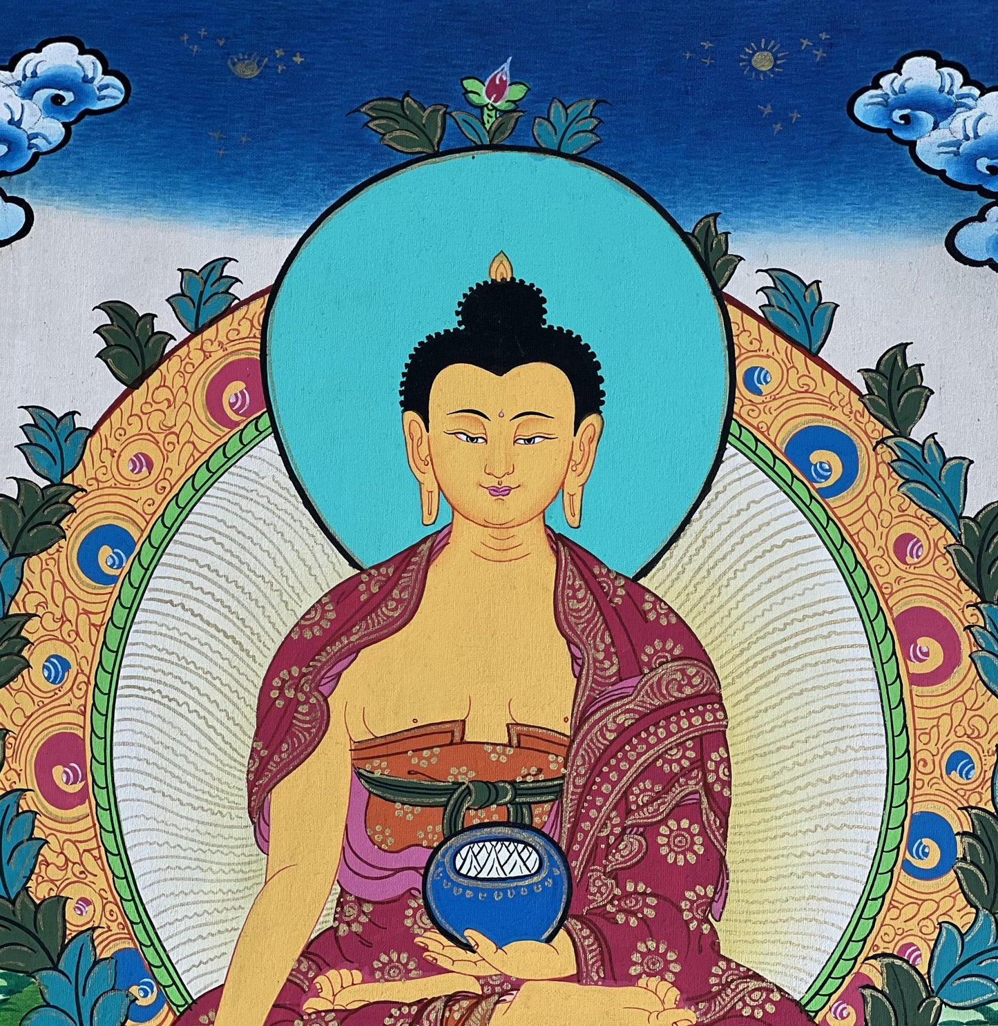 Hand-Painted Shakyamuni Buddha Thangka | Silk Brocade Frame