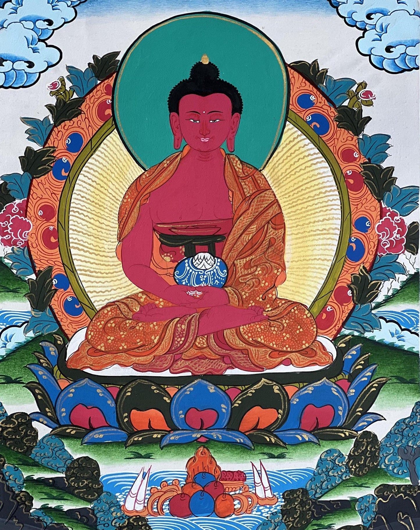 Amitabha Buddha Tibetan Thangka Painting – Original Hand-Painted Masterpiece with Silk Brocade
