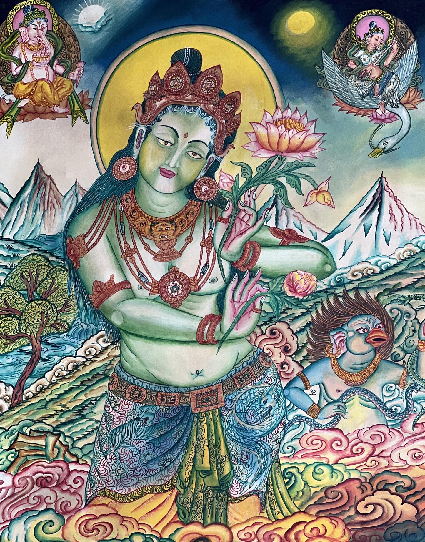 Green Tara • Traditional Newari Paubha Style Thangka Painting • Smoky Matte Finish • Hand-Painted Himalayan Art