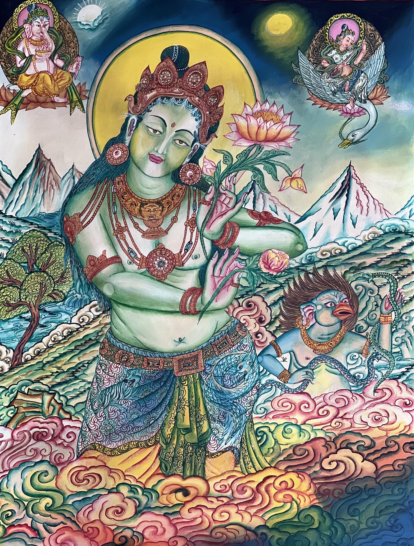 Green Tara • Traditional Newari Paubha Style Thangka Painting • Smoky Matte Finish • Hand-Painted Himalayan Art