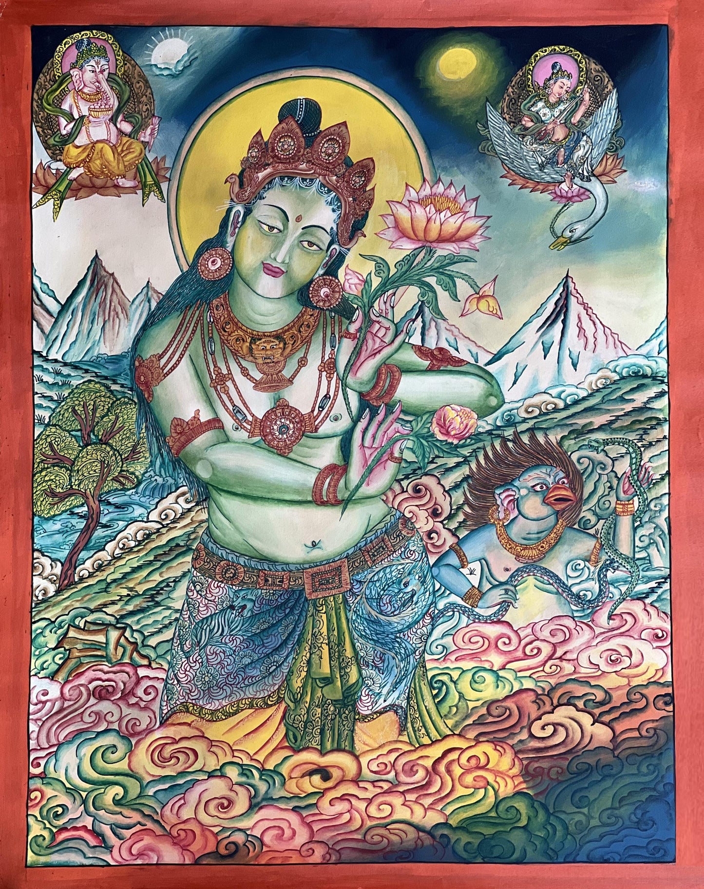 Green Tara • Traditional Newari Paubha Style Thangka Painting • Smoky Matte Finish • Hand-Painted Himalayan Art