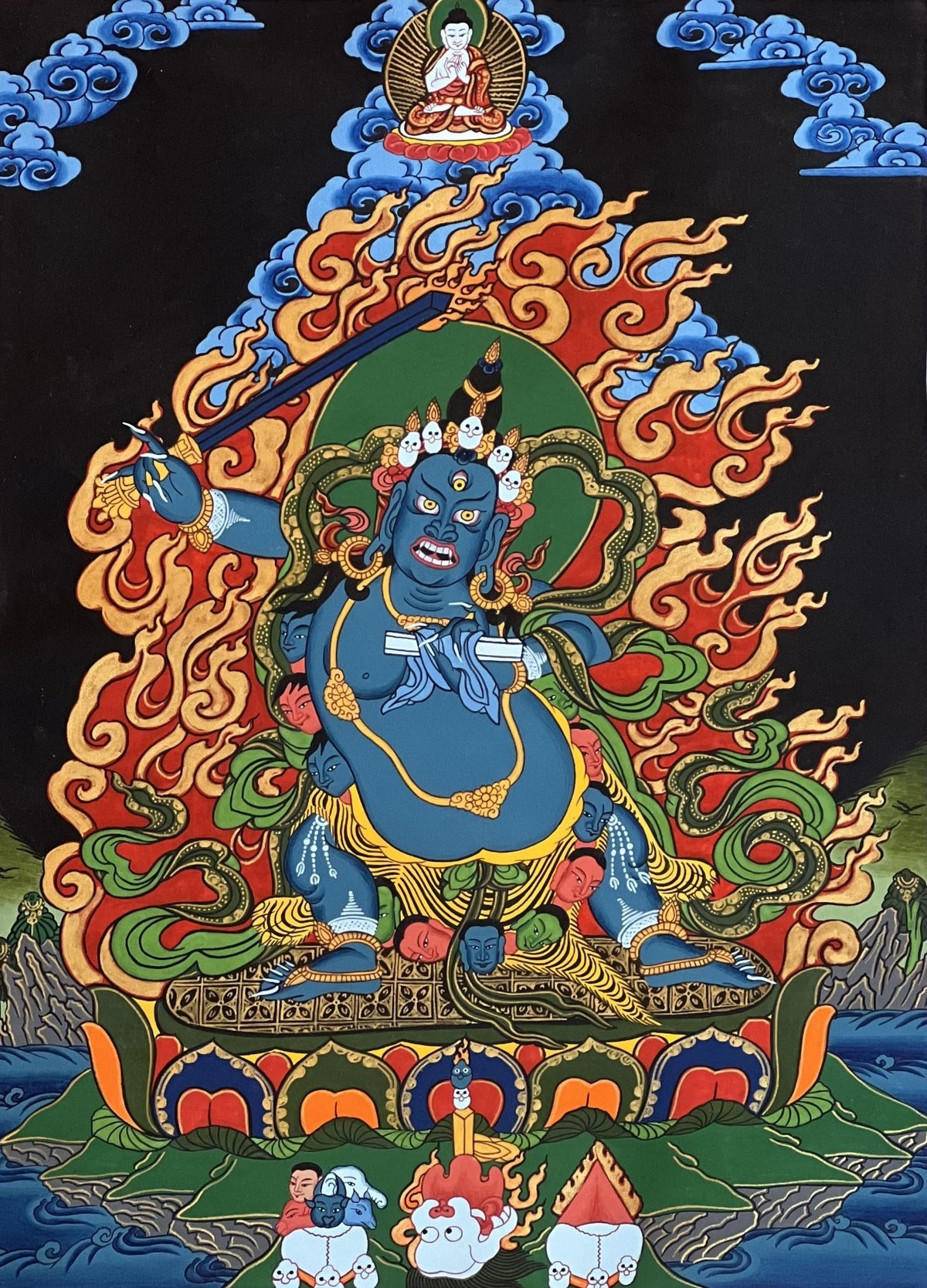 Hand-Painted Black Manjushri Thangka  Tibetan Buddhist Art- Silk Brocade Option Available