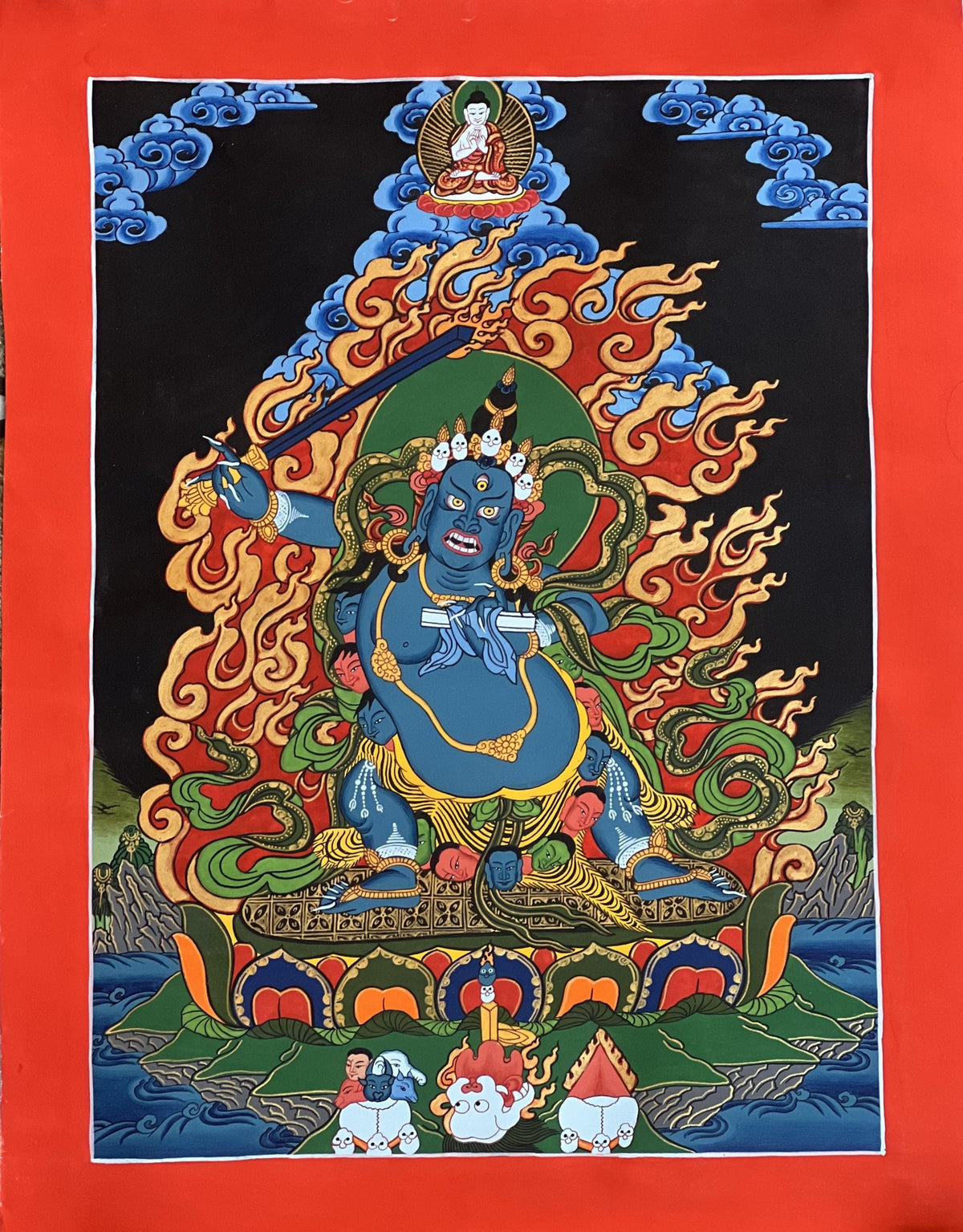 Hand-Painted Black Manjushri Thangka  Tibetan Buddhist Art- Silk Brocade Option Available