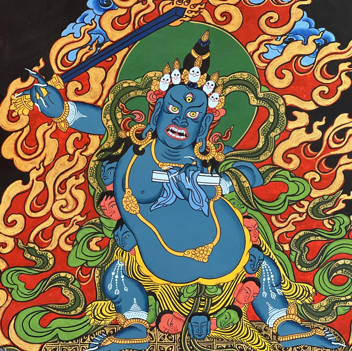 Hand-Painted Black Manjushri Thangka  Tibetan Buddhist Art- Silk Brocade Option Available