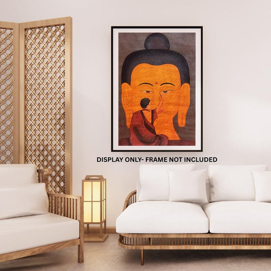 Monk Painting the Buddha Face – Acrylic Canvas Art, Oil-Varnished Finish
