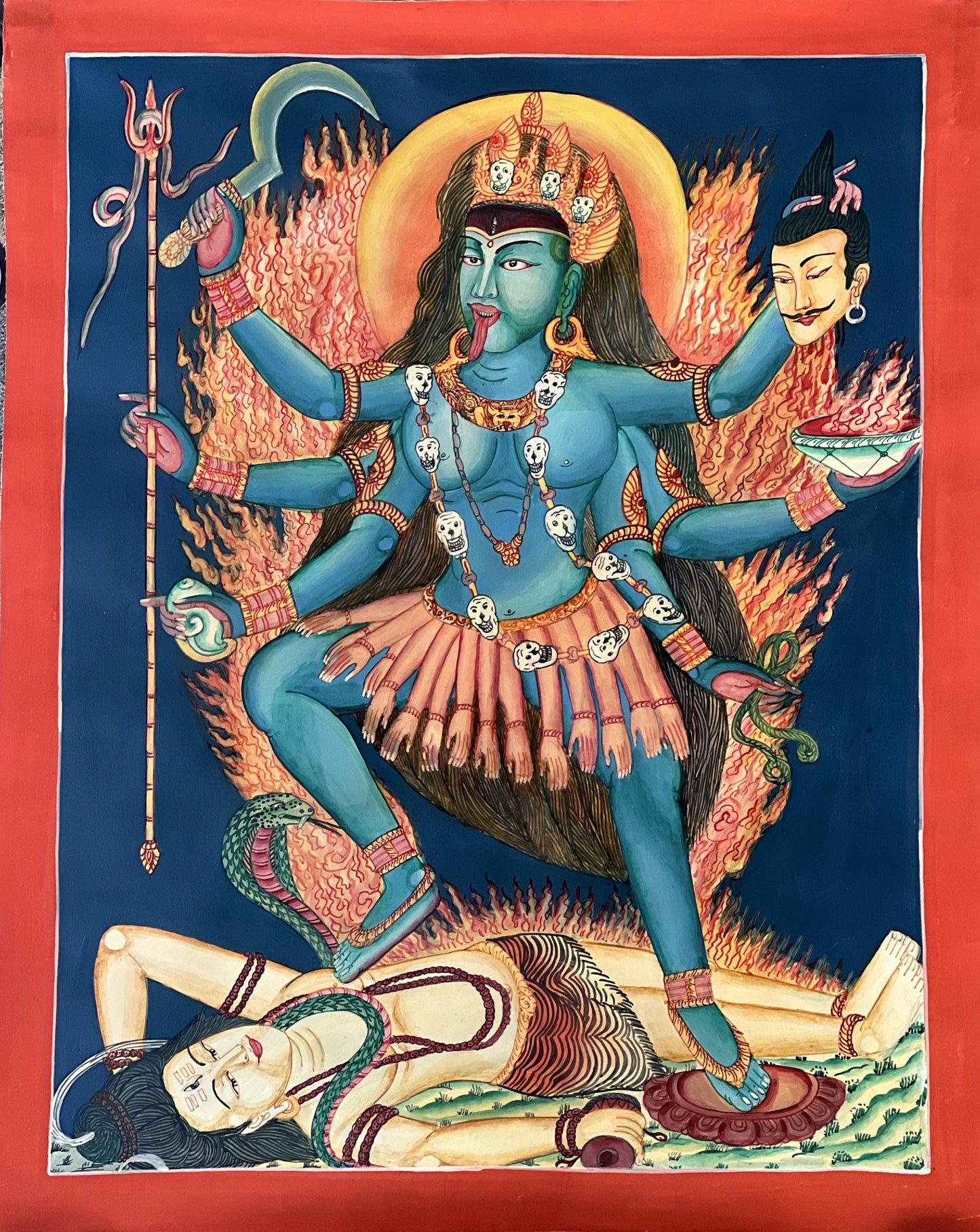 Hand-Painted Mahakali Newari Paubha | Hindu Goddess Kali Thangka | Smoky Masterpiece Art from Nepal