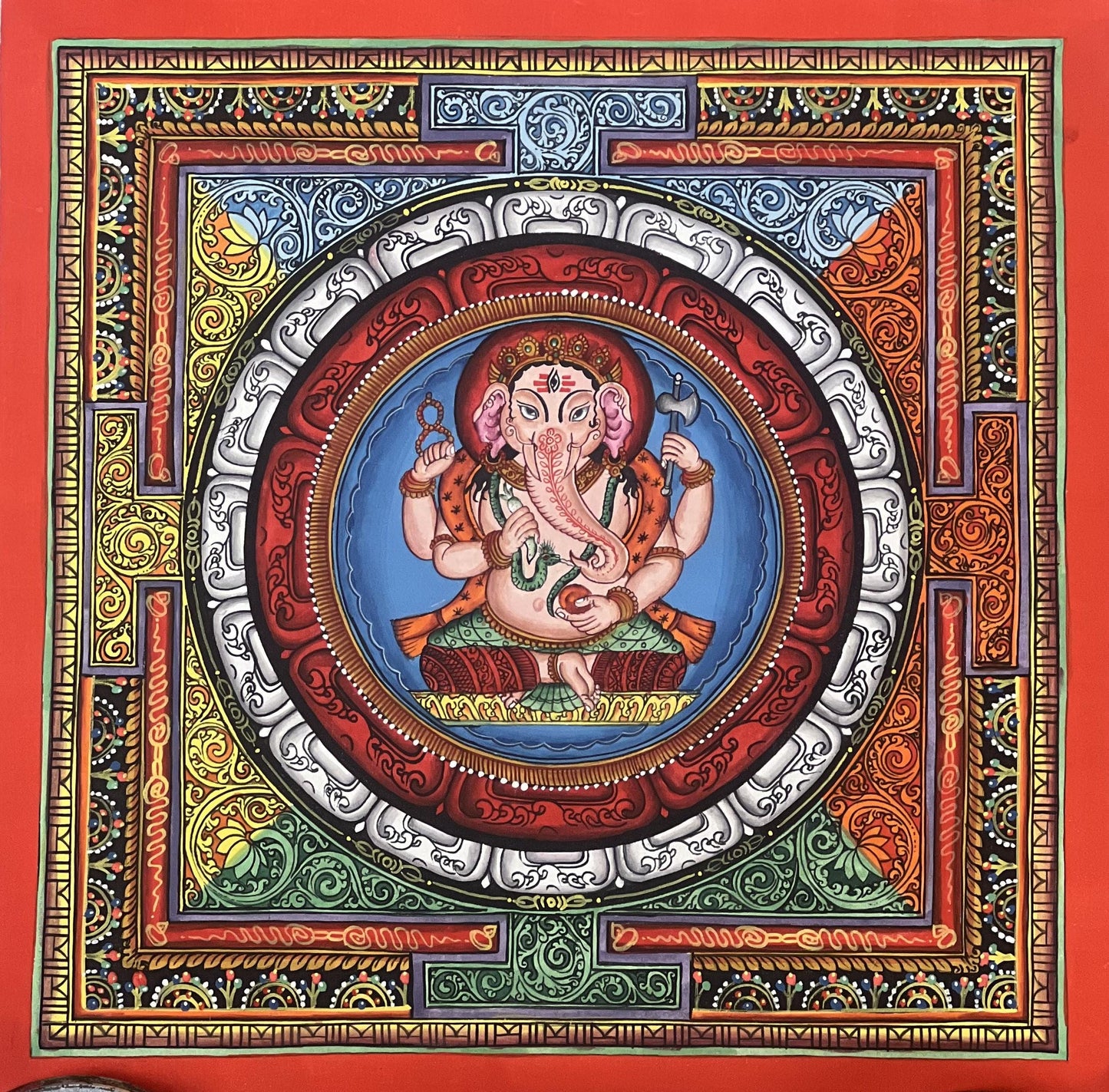 Original Hand-Painted Newari Ganesha in Sri Yantra Mandala – Traditional Paubha Art