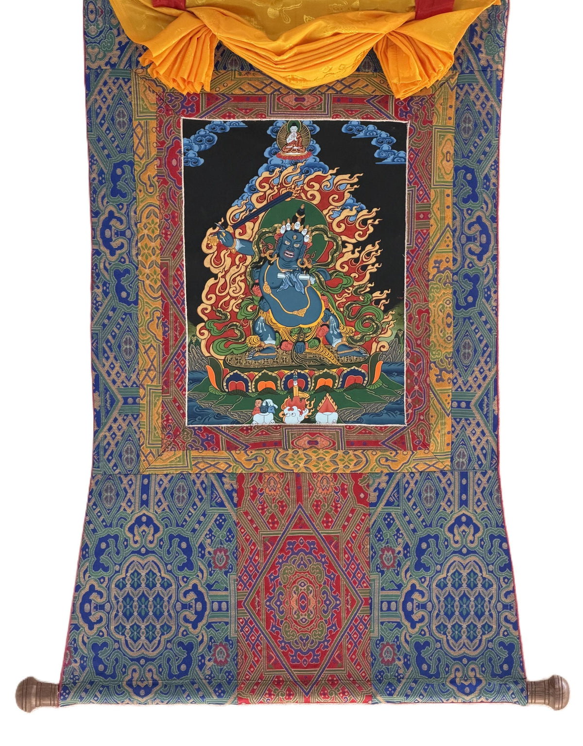 Hand-Painted Black Manjushri Thangka  Tibetan Buddhist Art- Silk Brocade Option Available