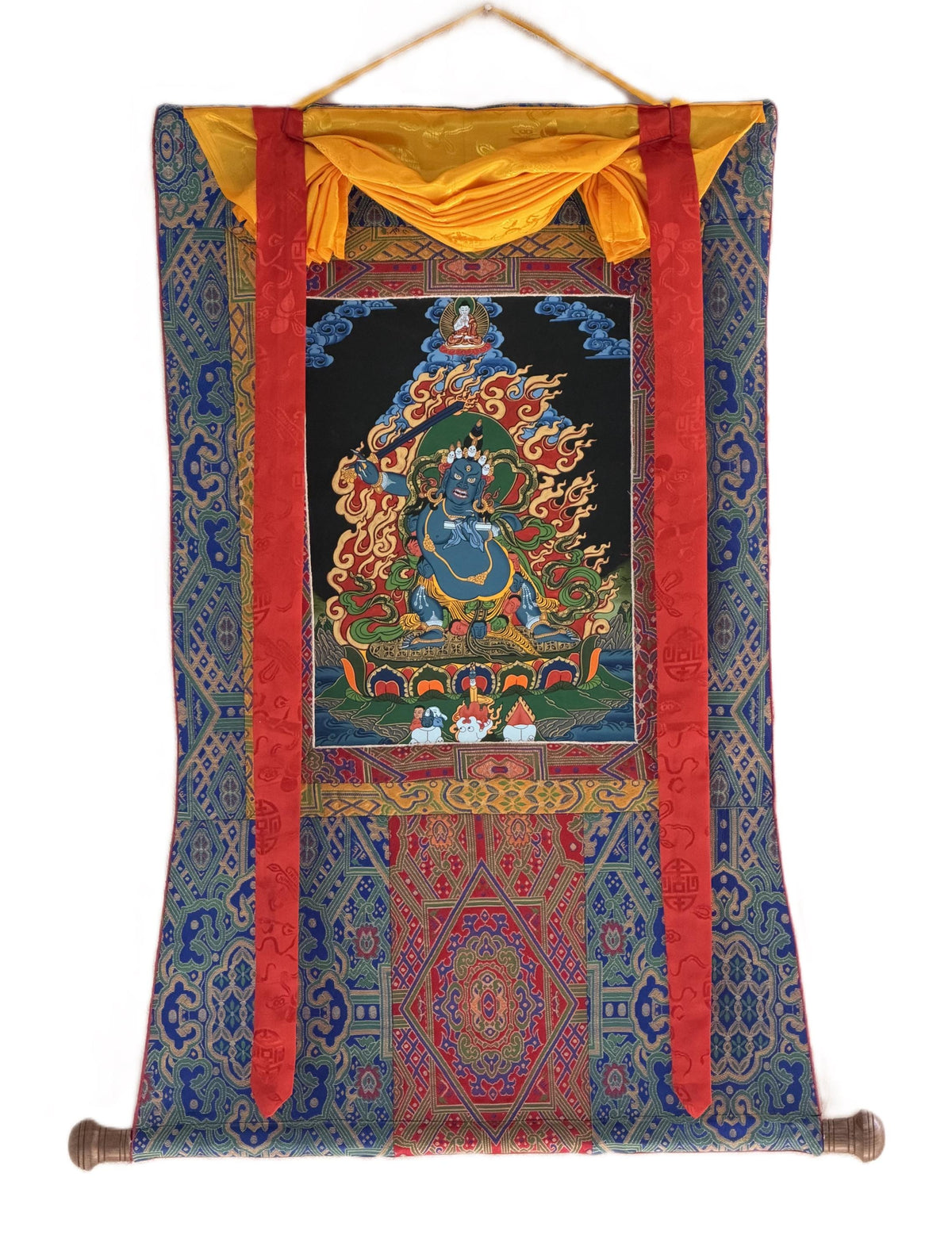 Hand-Painted Black Manjushri Thangka  Tibetan Buddhist Art- Silk Brocade Option Available